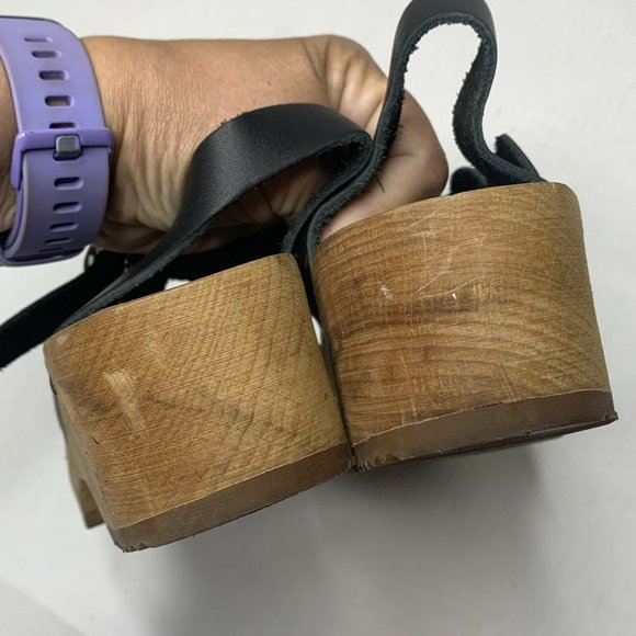 MIA Black Leather Wood Swedish Clogs Rubber Lug Soles EU 38 - Picture 8 of 10